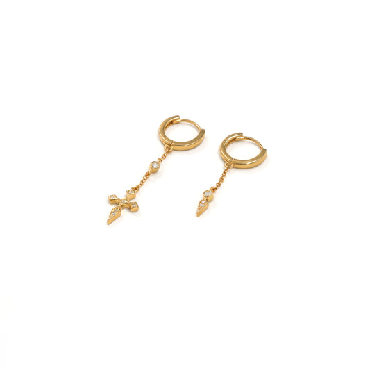 Asymmetrical earrings with cross & dagger charms