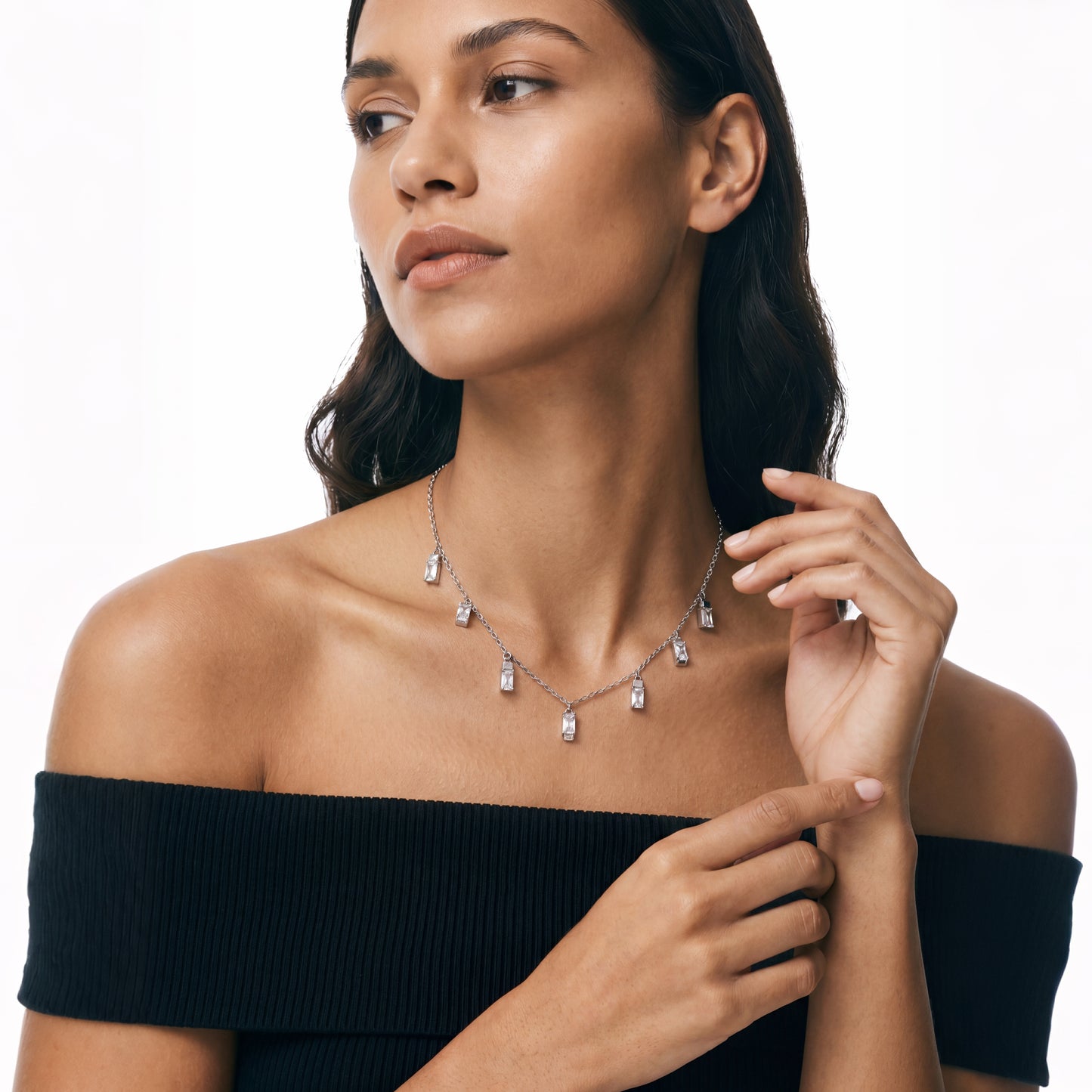 Baguette Zirconia Dangle Charm Necklace