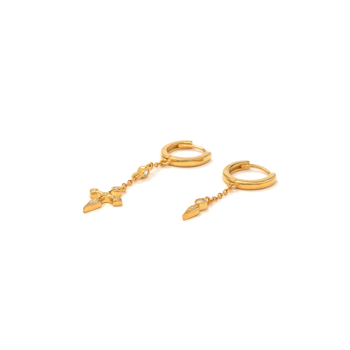 Asymmetrical earrings with cross & dagger charms