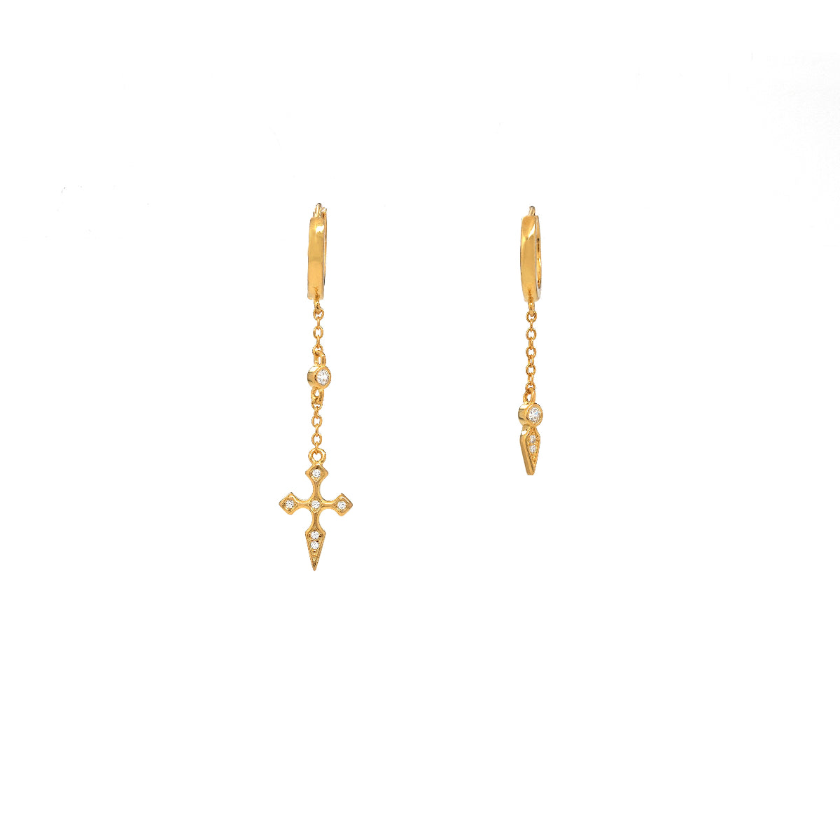 Asymmetrical earrings with cross & dagger charms