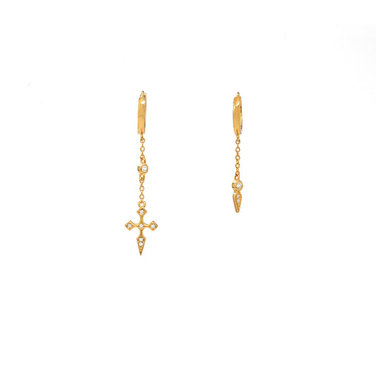 Asymmetrical earrings with cross & dagger charms